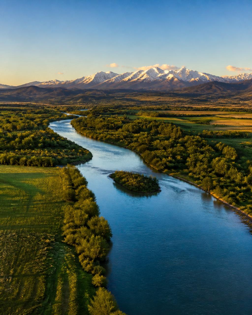 Aerial view of a Colorado Western Slope river valley with snow-capped mountains